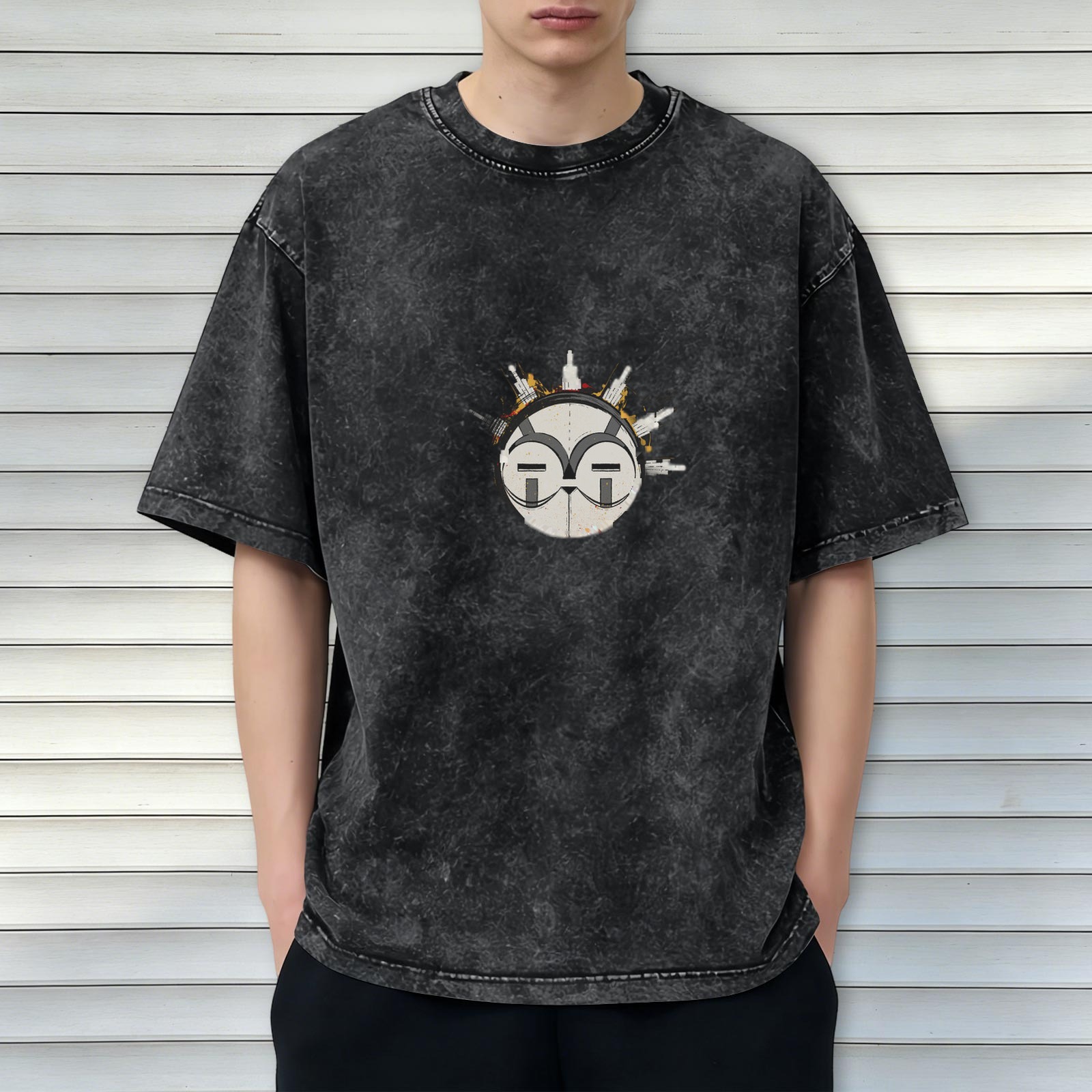 Oversized Black Acid Wash T-Shirt With Graphic Face Print