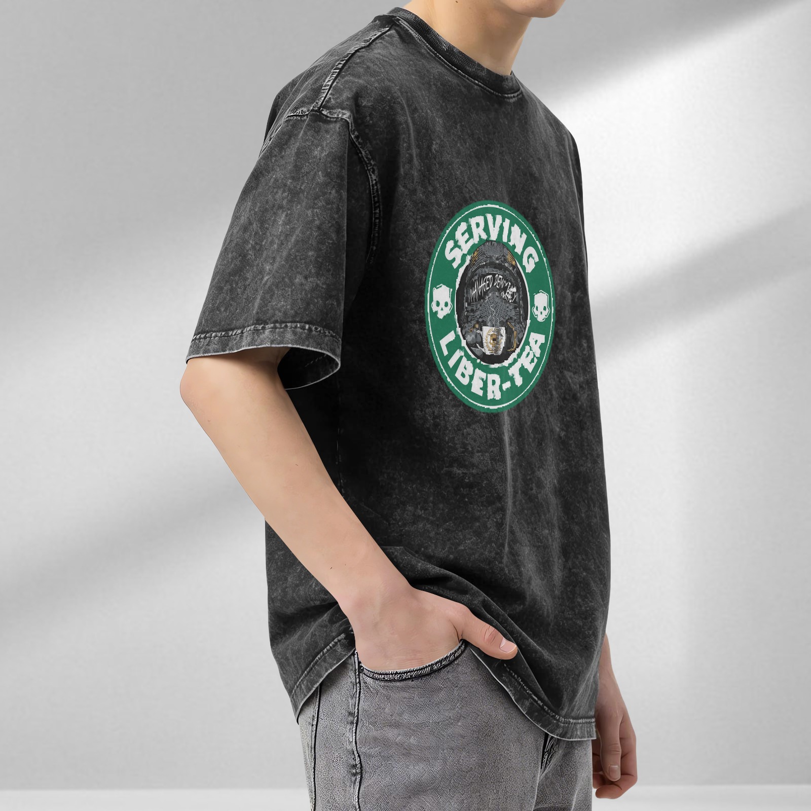 Oversized Acid Wash Graphic T-Shirt with 'SERVING LIBER-TEA' Print