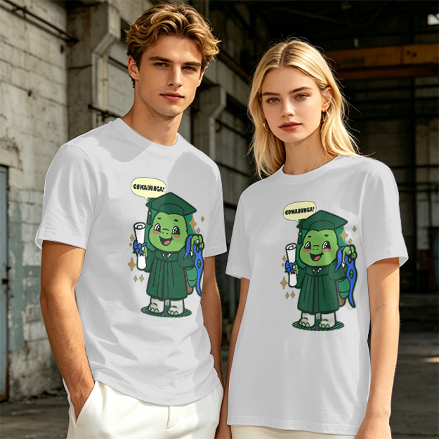 Olive T-shirt with Graduation Turtle Saying Cowabunga