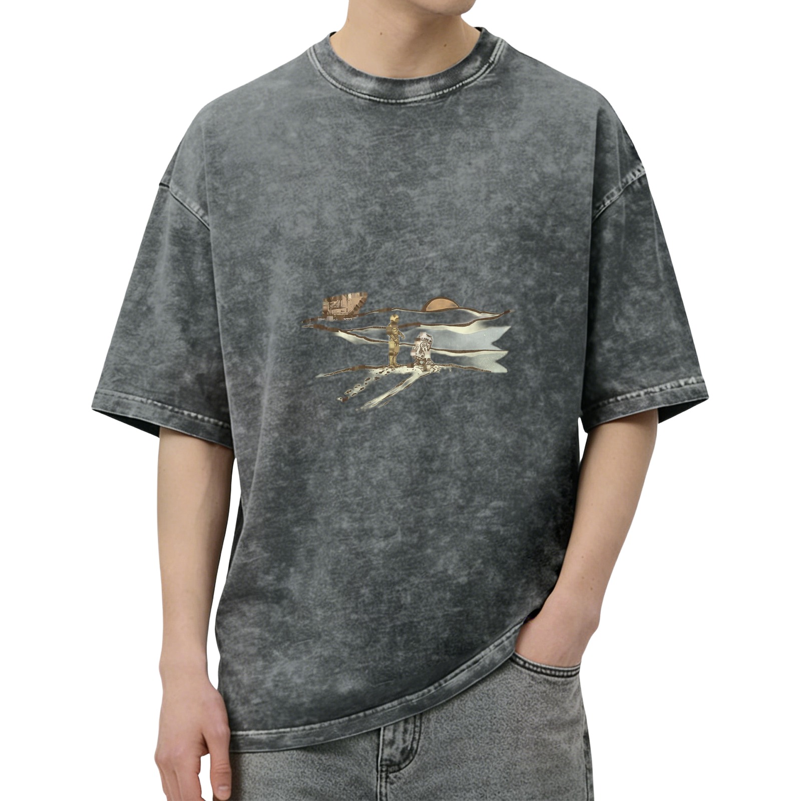 Oversized Acid-Wash Black Graphic T-Shirt with Astronaut & Landscape Print