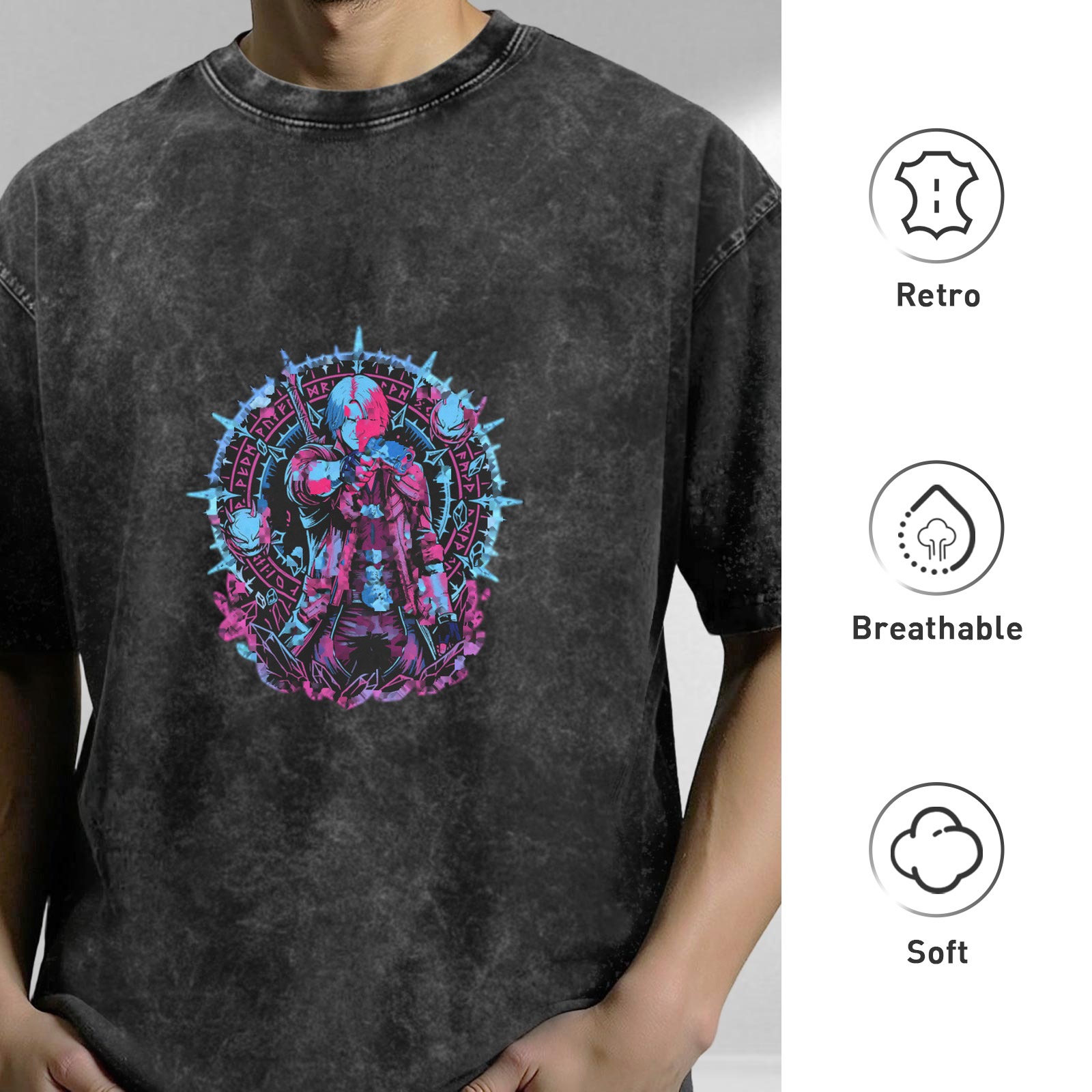Washed Black Graphic T-Shirt with Neon Fantasy Character Print