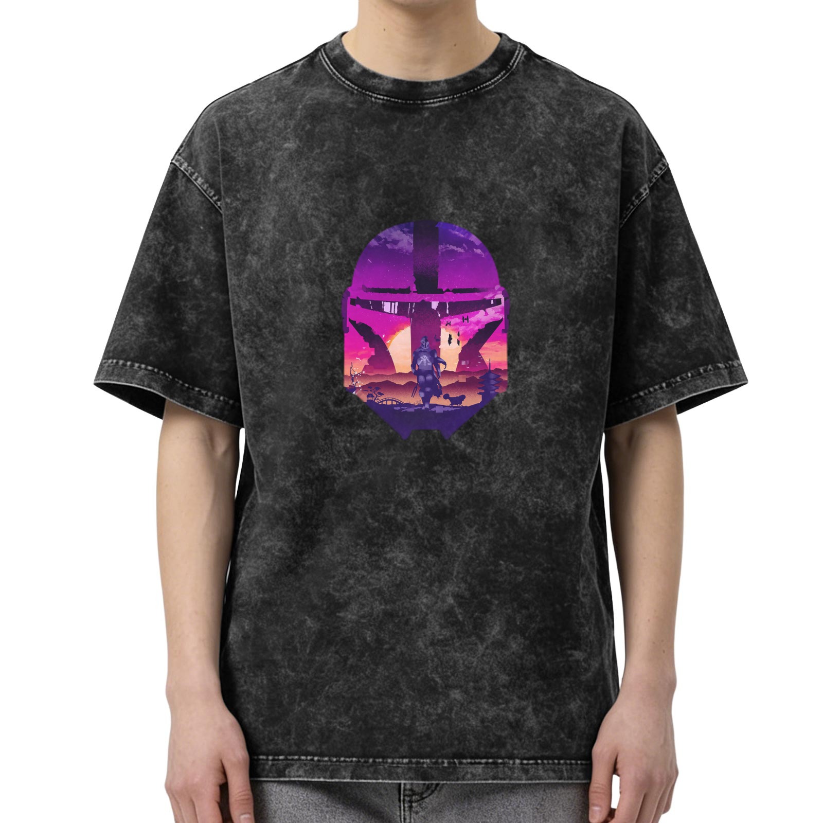 Distressed Black Mandalorian Helmet Graphic Short Sleeve T-Shirt