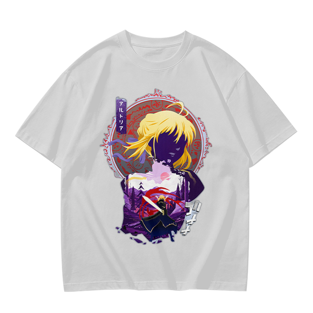 Olive green anime graphic t-shirt with Saber character print