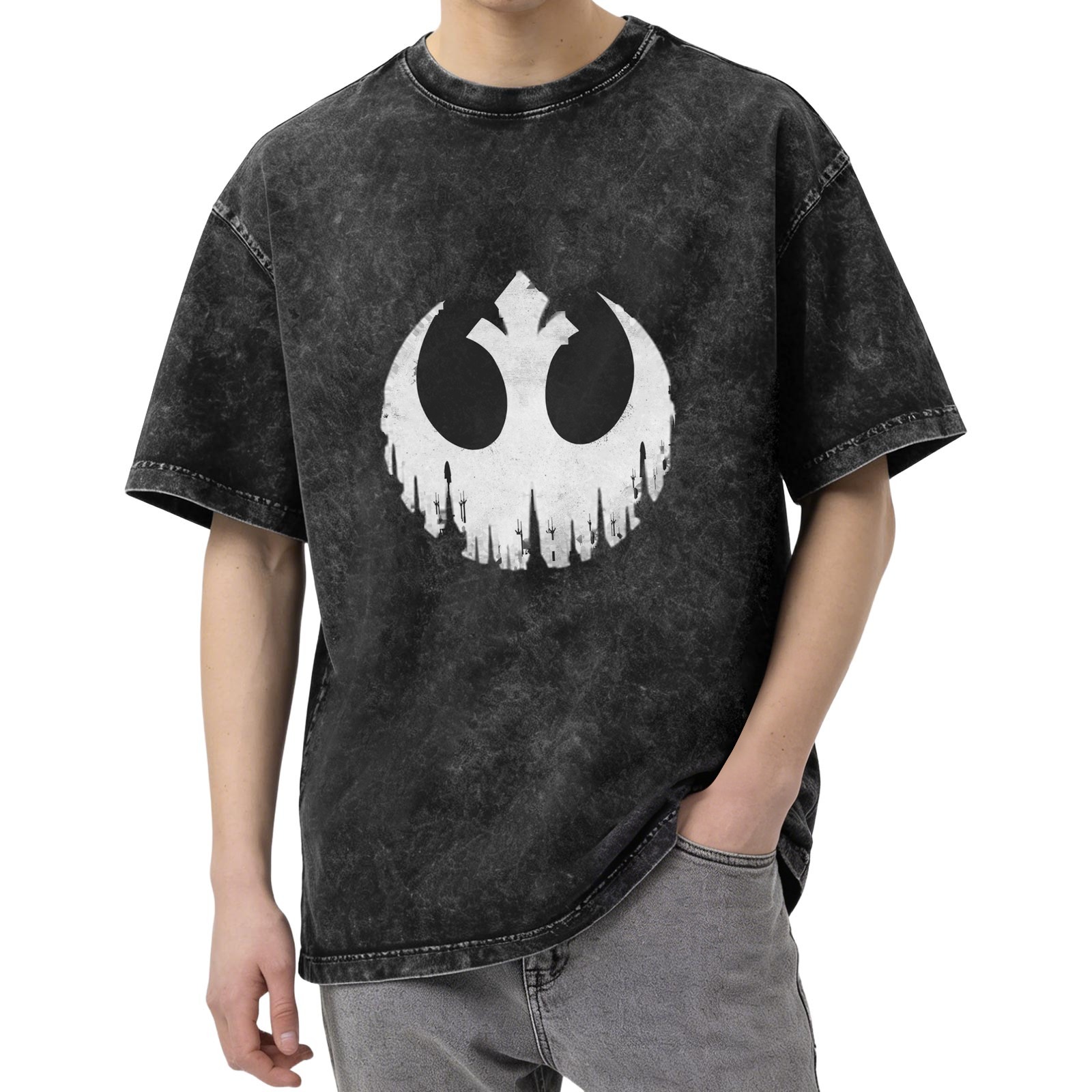 Washed Black T-Shirt with Skull Rebel Alliance Mashup Graphic