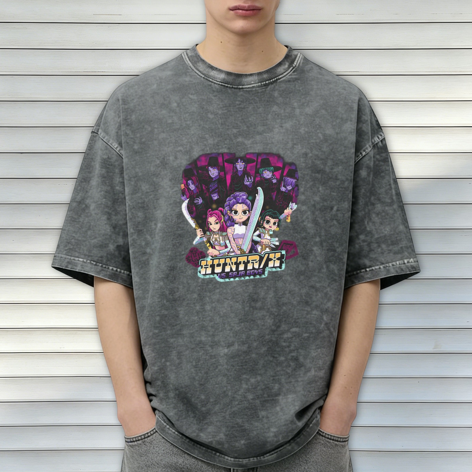 Distressed Black Cartoon Anime Print Short Sleeve T-Shirt