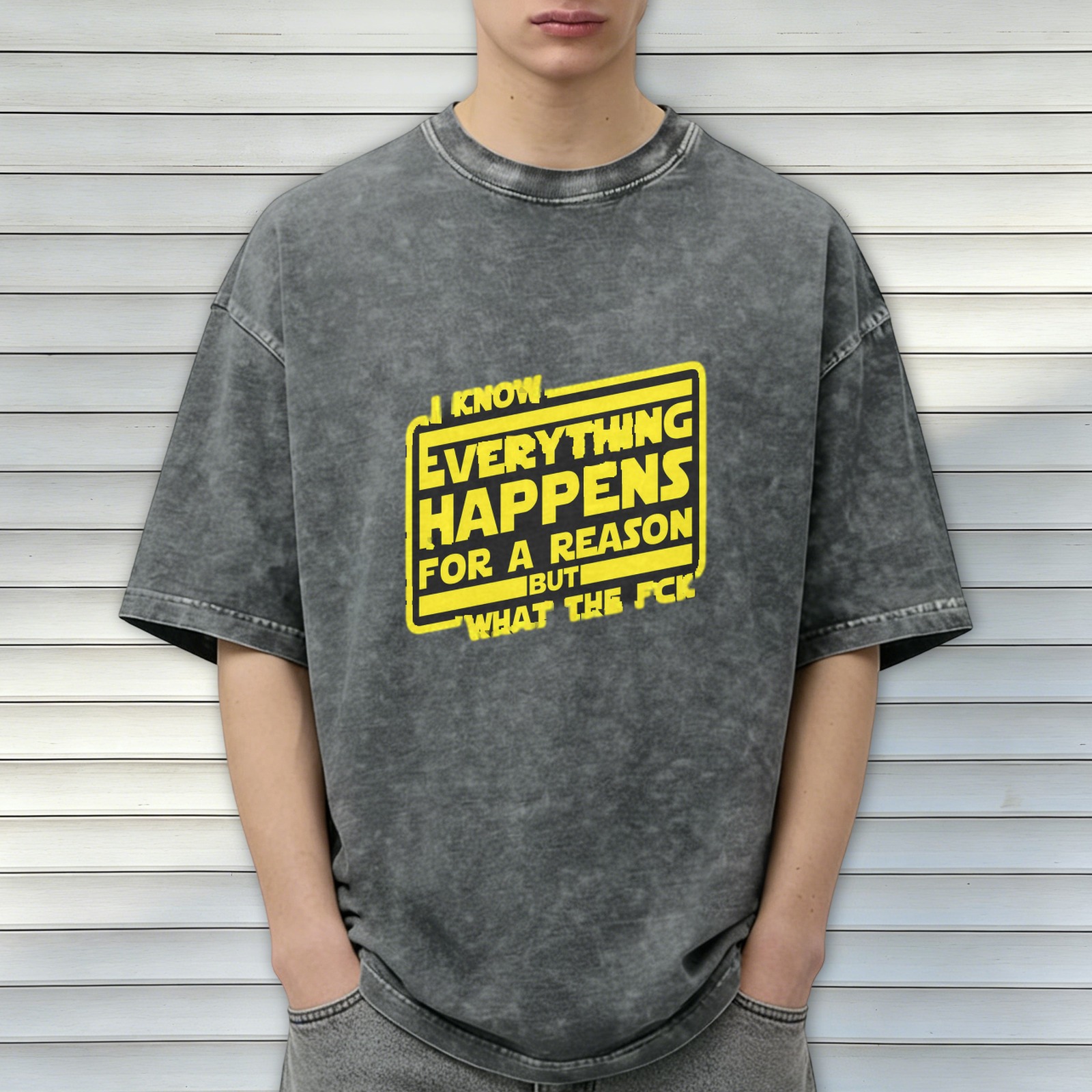 Washed black graphic t-shirt with 'I know everything happens for a reason but what the fck' text