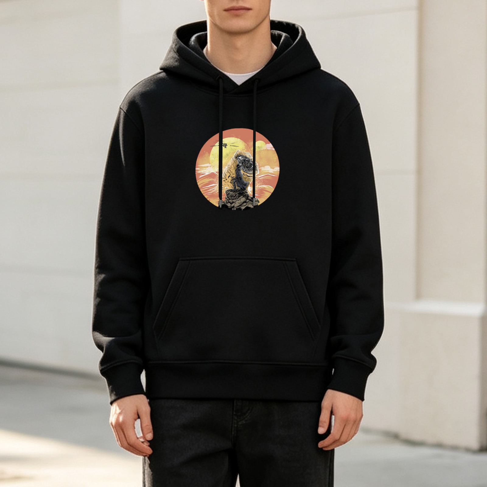 Black Hoodie With Wild Animal Sunset Circle Art Print