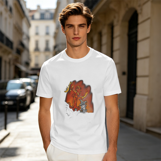 Olive T-shirt with Cartoon Demon and Wizard Fantasy Print