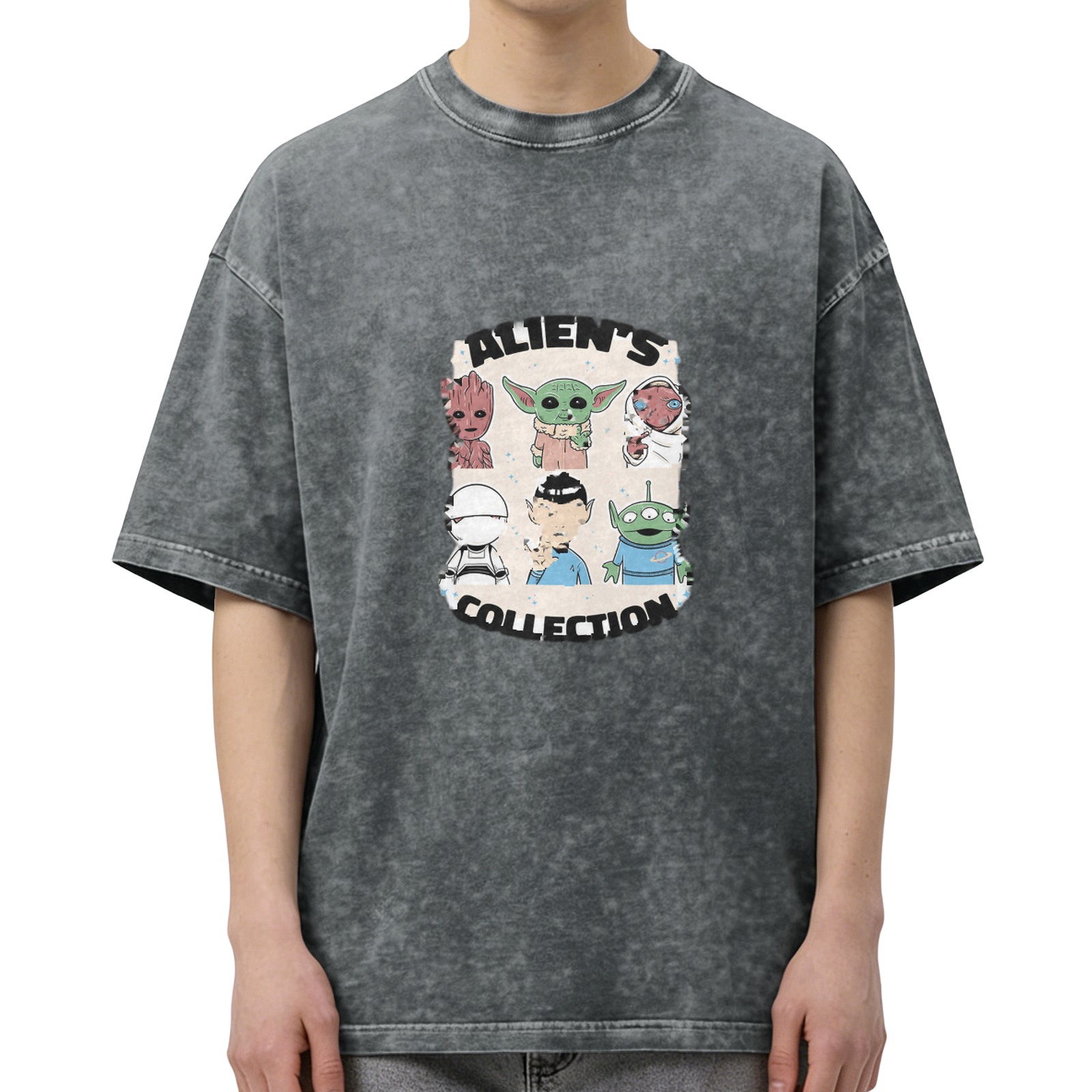 Washed Black T-Shirt with Alien's Collection Graphic Print