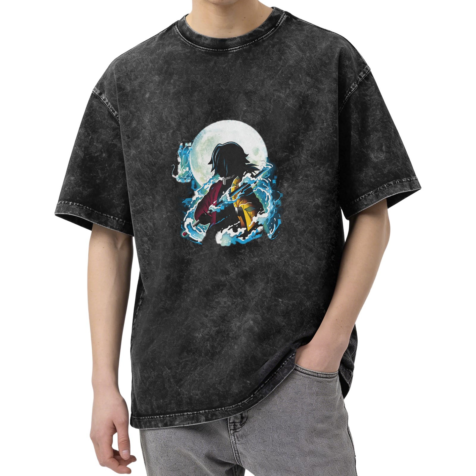 Demon Slayer: Kimetsu no Yaiba Tomioka Giyuu themed washed and distressed loose short-sleeved T-shirt
