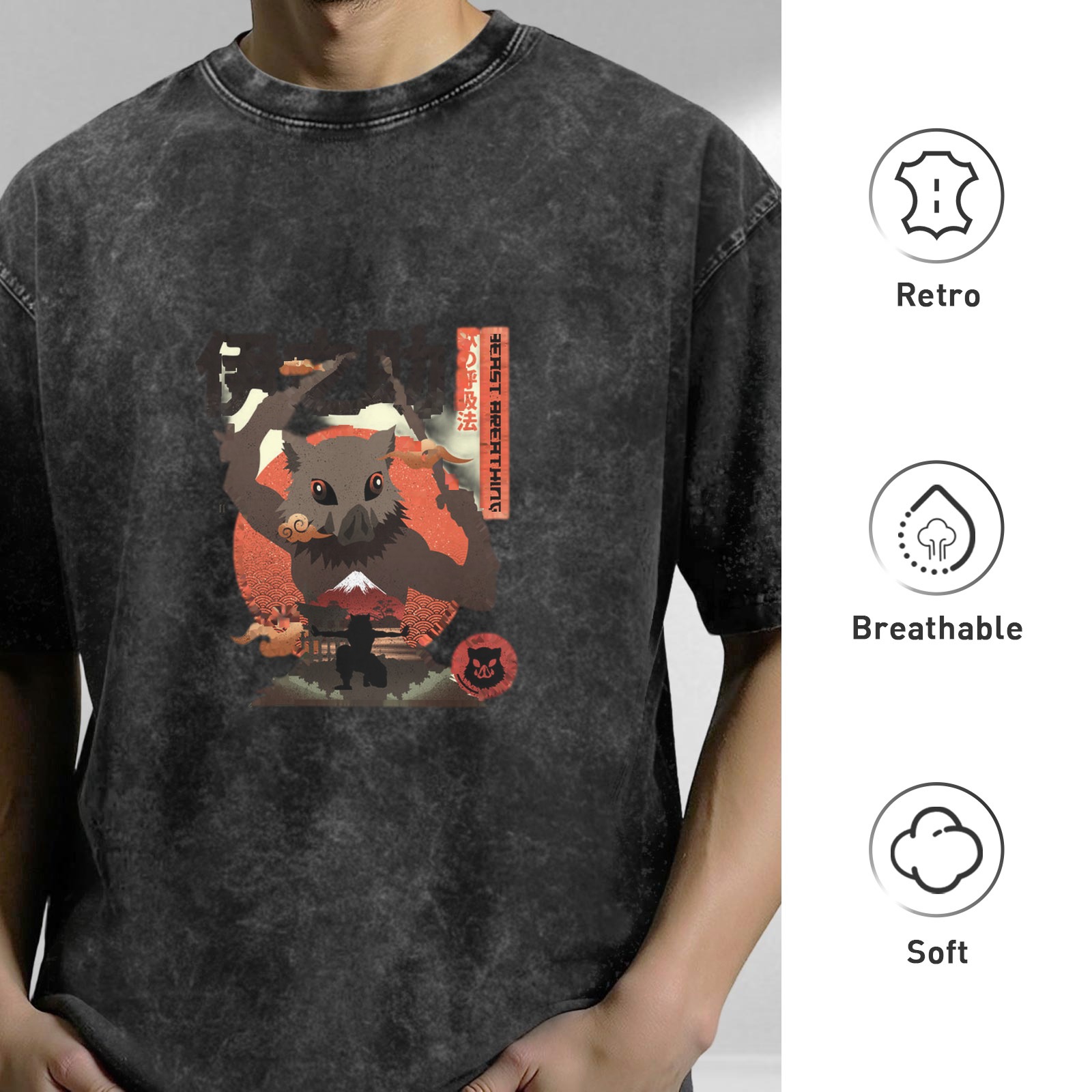 Demon Slayer: Kimetsu no Yaiba Inosuke themed washed distressed short-sleeved T-shirt