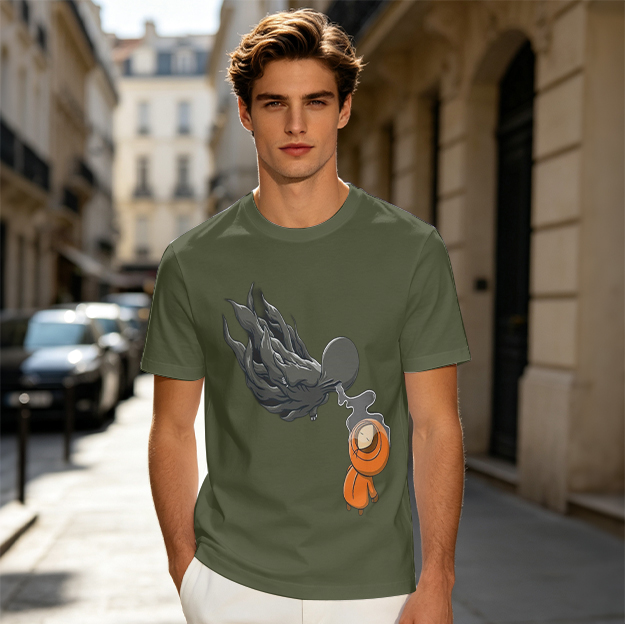 Olive Graphic Tee With Dark Smoke And Orange Hooded Character Print