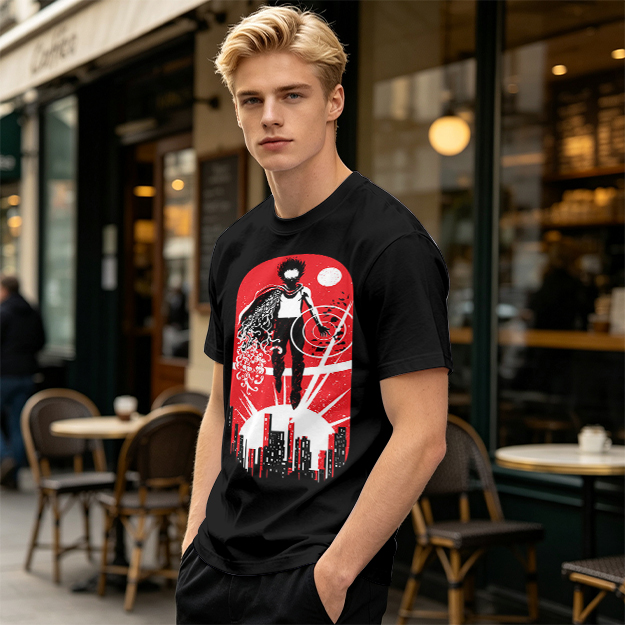 Olive T-Shirt With Anime Superhero Over City Graphic