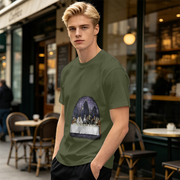 Olive Green T-Shirt with Skeletal Last Supper Graphic Print