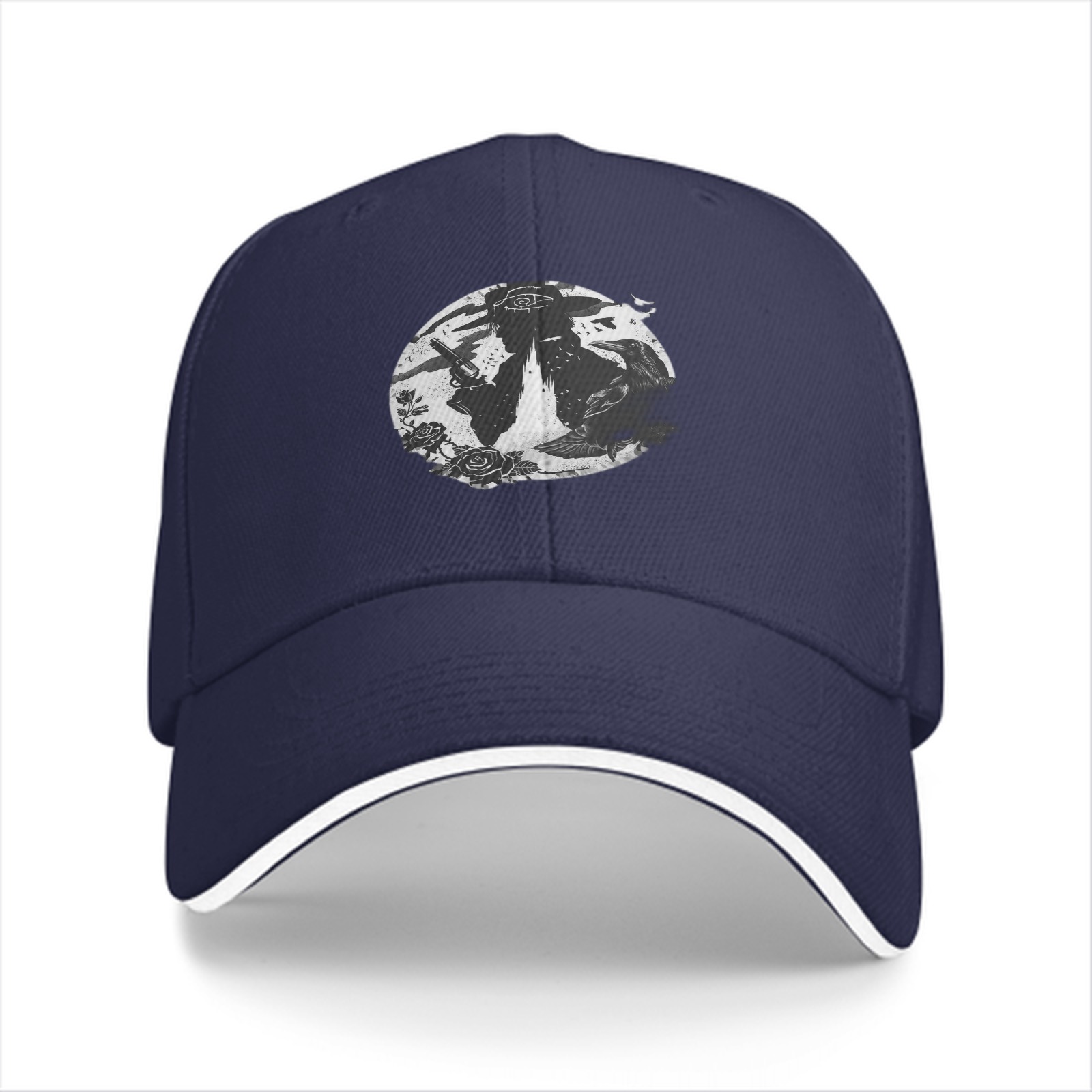 Black Baseball Cap With Gothic Silhouette And Rose Graphic