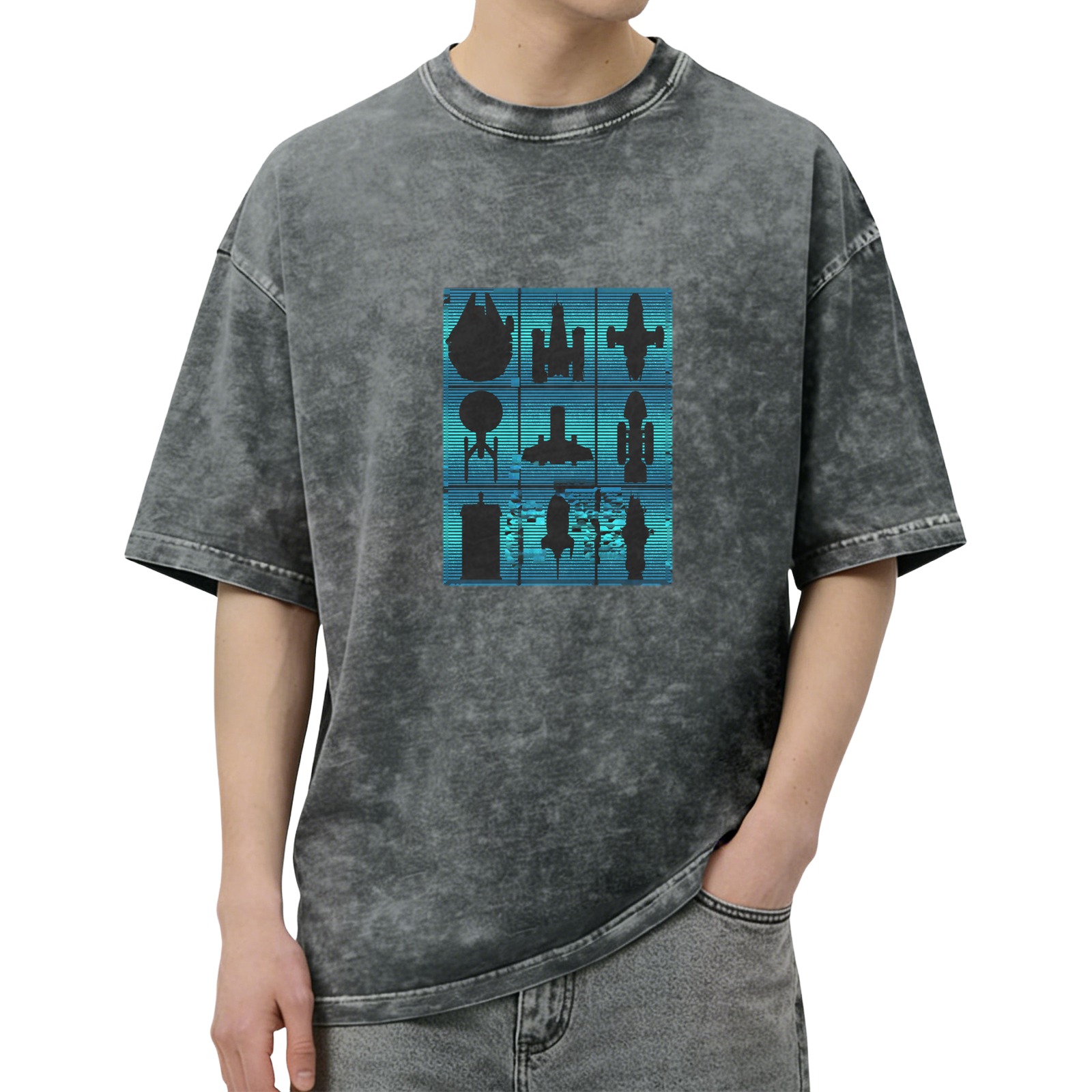 Oversized Stonewashed T-Shirt With Sci-Fi Spaceship Silhouette Grid Design