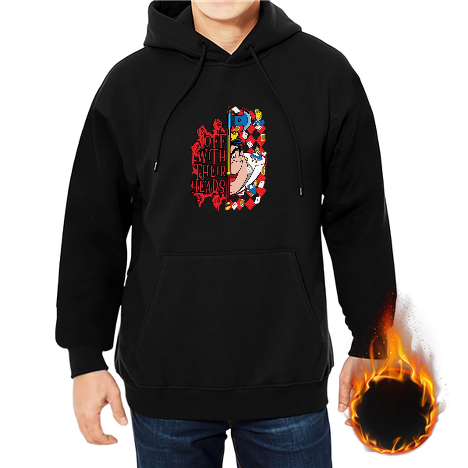 Black hoodie with Queen of Hearts off with their heads print