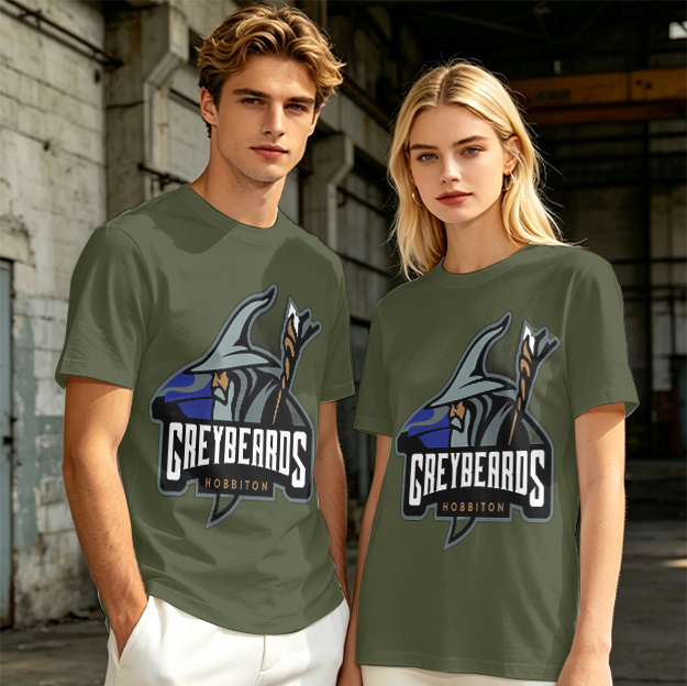 Olive t-shirt with Greybeards Hobbiton wizard graphic