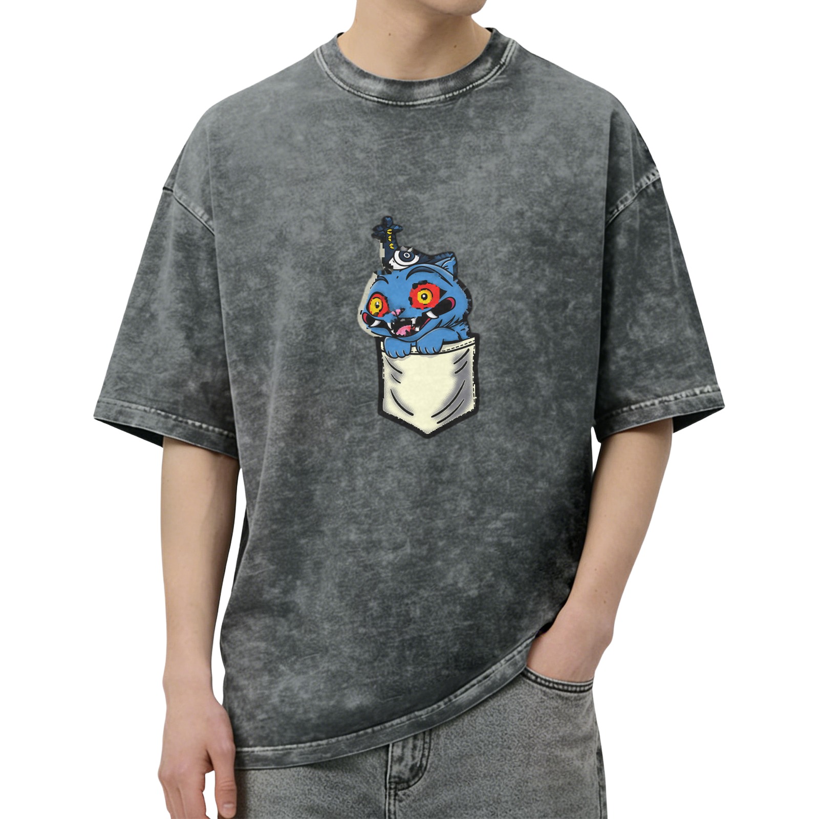 Oversized Acid Wash T-Shirt With Creepy Blue Cat Pocket Print