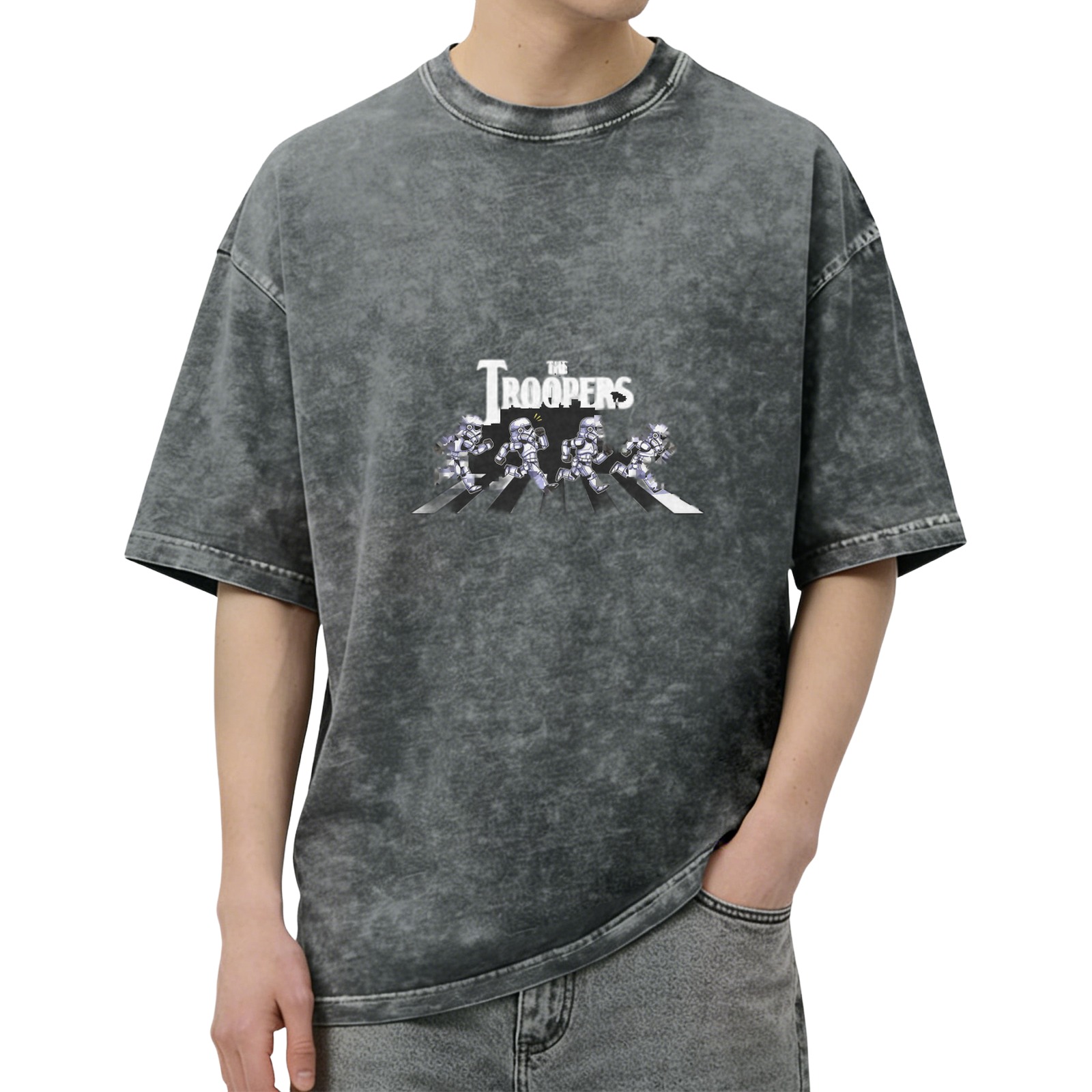 Oversized dark washed graphic t-shirt with Star Wars troopers Abbey Road parody