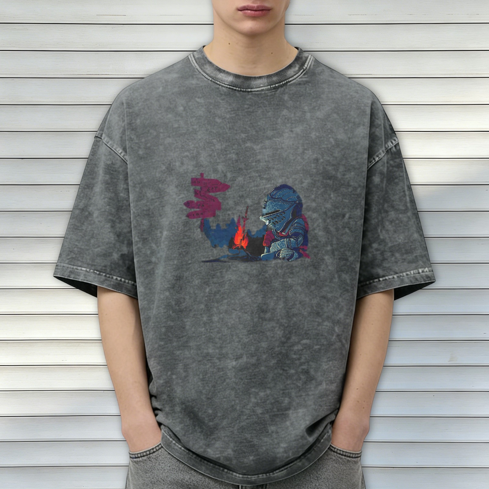 Vintage Washed Black T-Shirt with Knight by Campfire Graphic Print