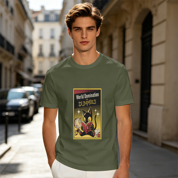 Olive t-shirt with black cat reading World Domination for Dummies book