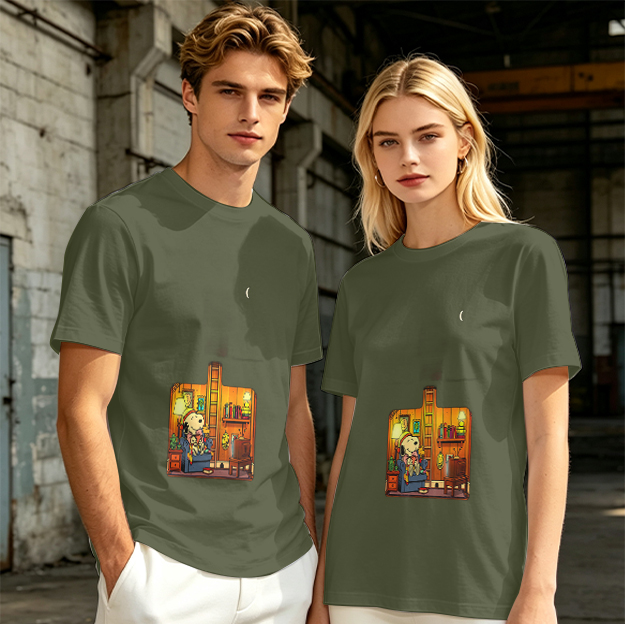 Olive T-Shirt With Cozy Dog In Room Graphic Print