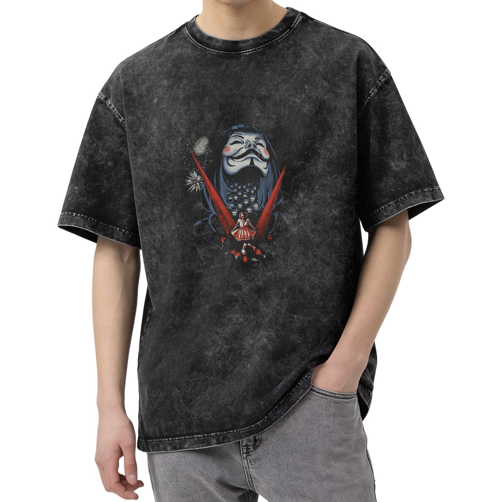 Washed Graphic T-Shirt With Anonymous Mask And Fireworks Print