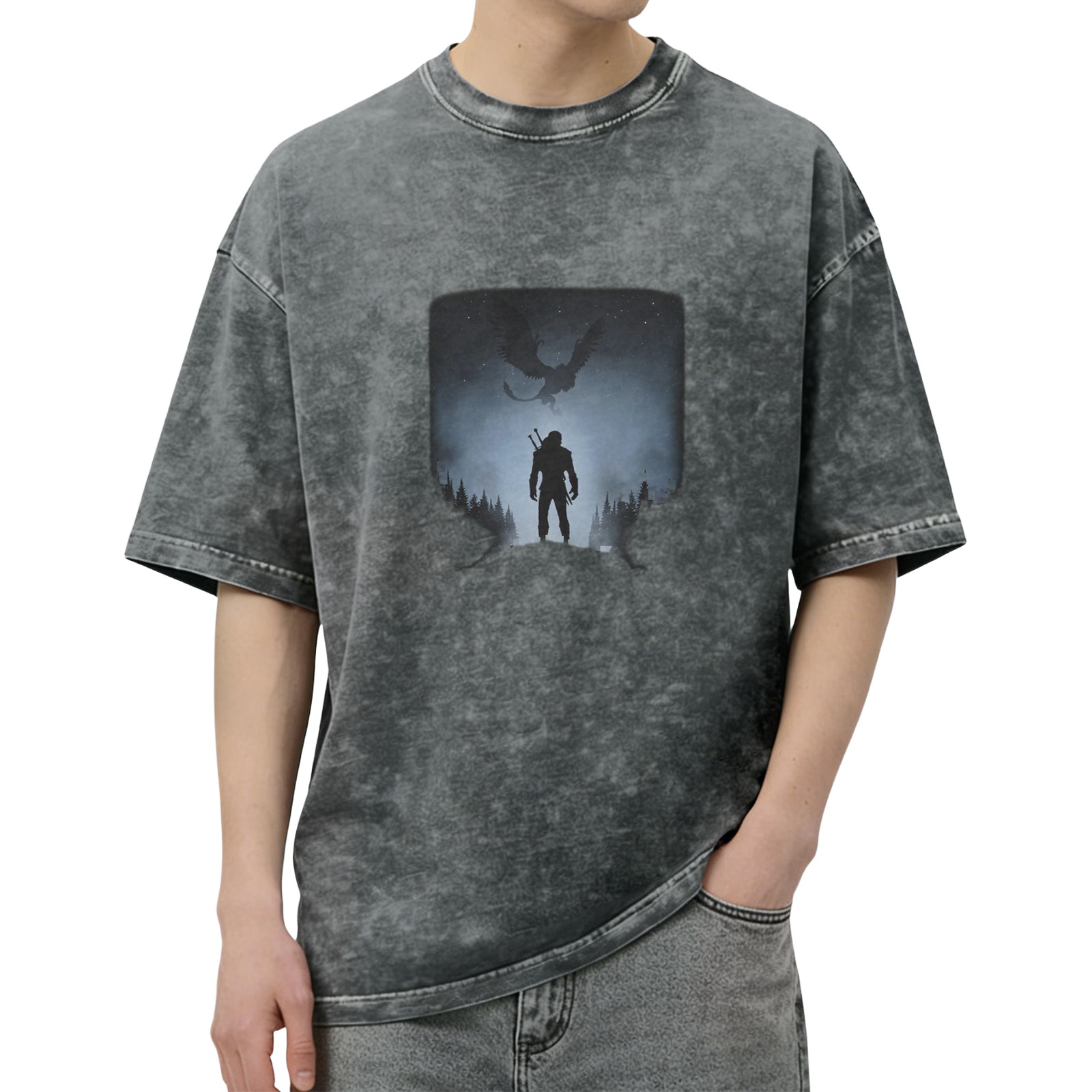 Witcher Silhouette Graphic Acid Wash Oversized T-Shirt