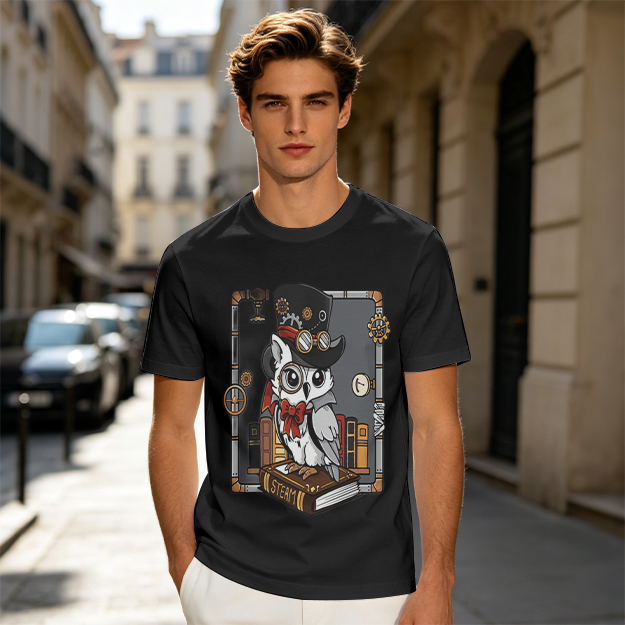 Owl in Steampunk Attire on Book Graphic Tee