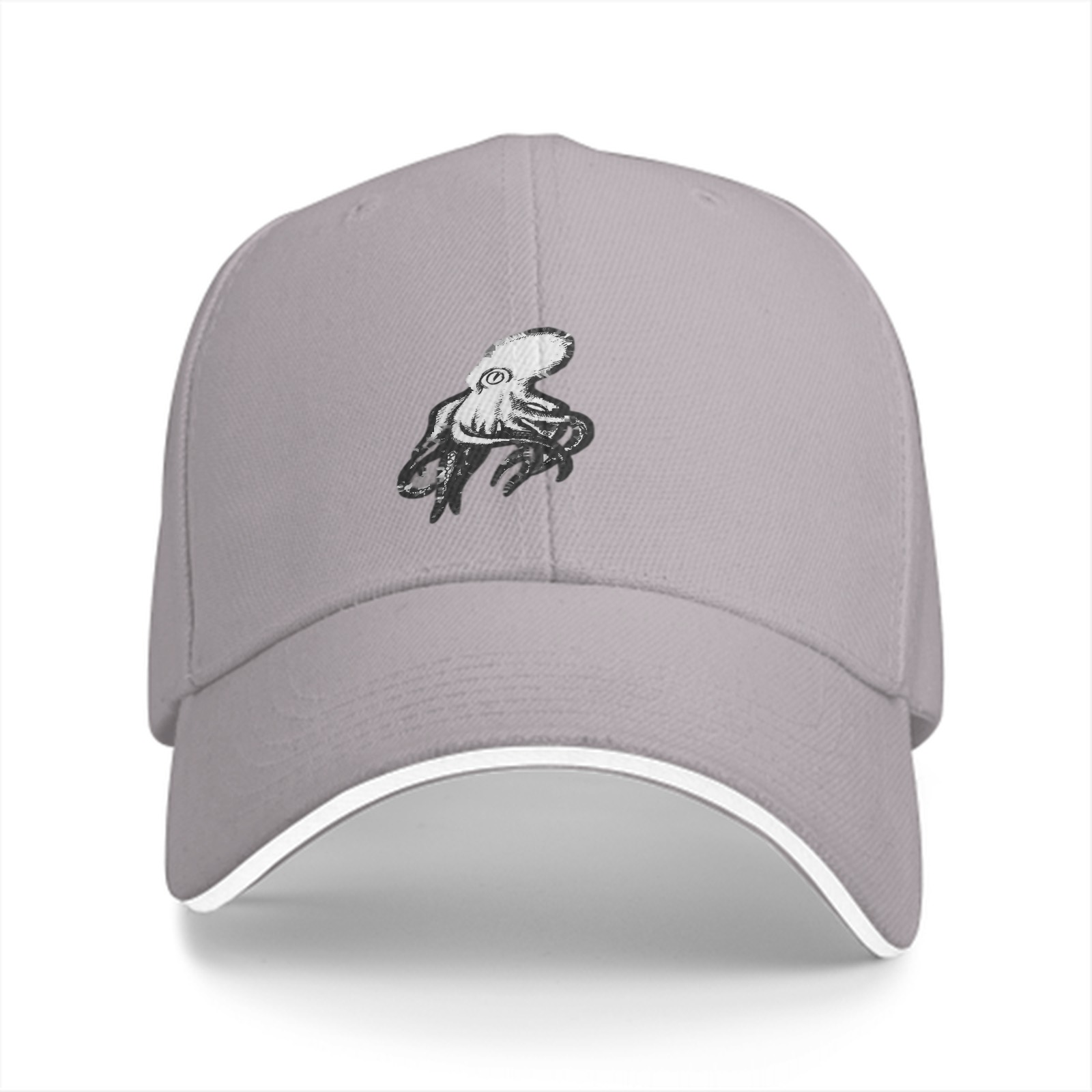 Black baseball cap with white octopus graphic design