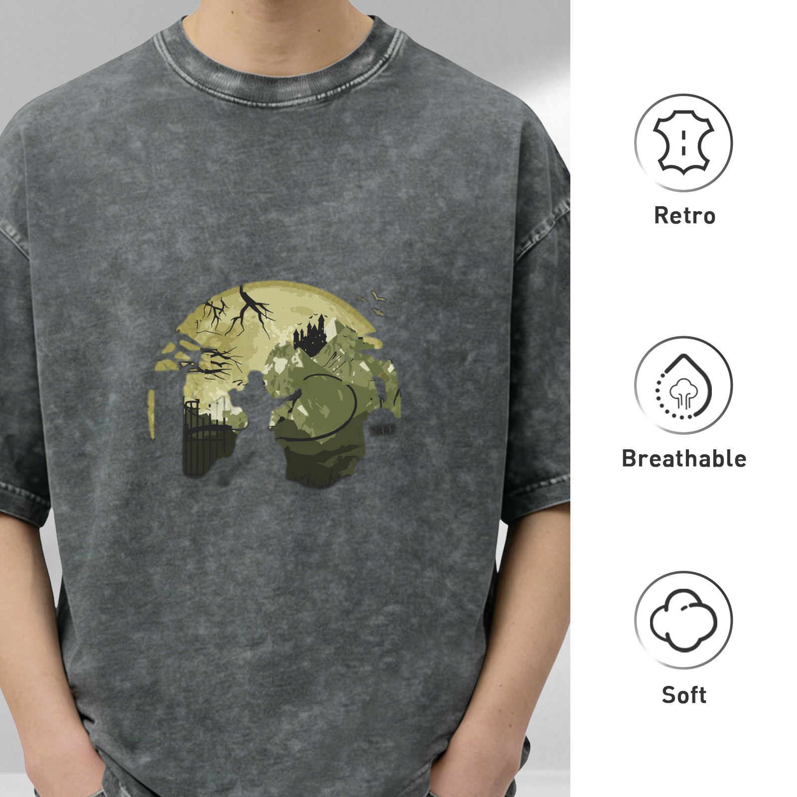 Oversized Stonewashed T-Shirt with Gothic Moon Castle Silhouette Graphic
