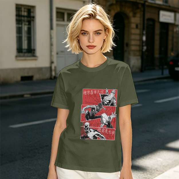 Olive T-shirt with Spider-Verse Style Comic Panels Print