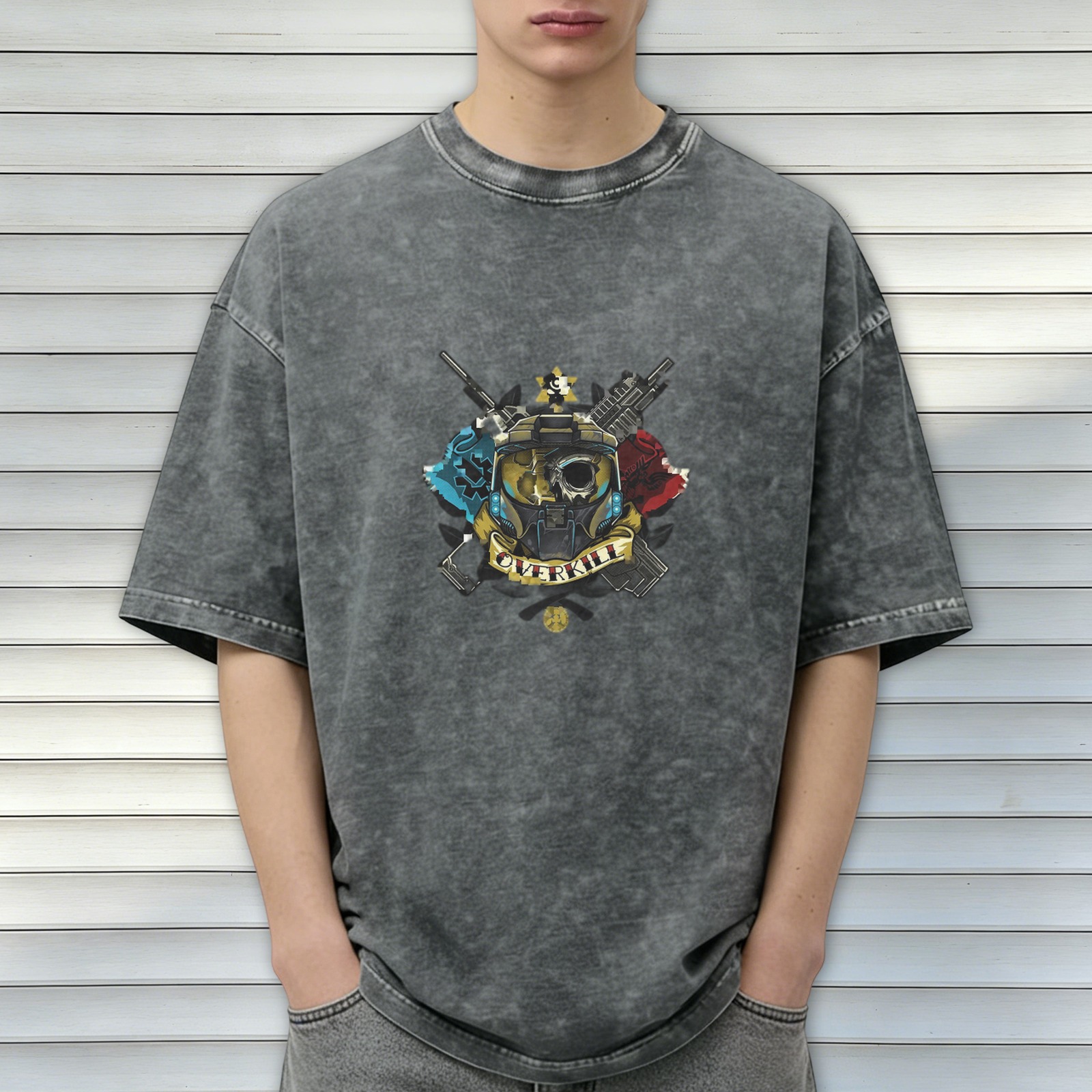 Washed black graphic t-shirt with tactical helmet overkill design