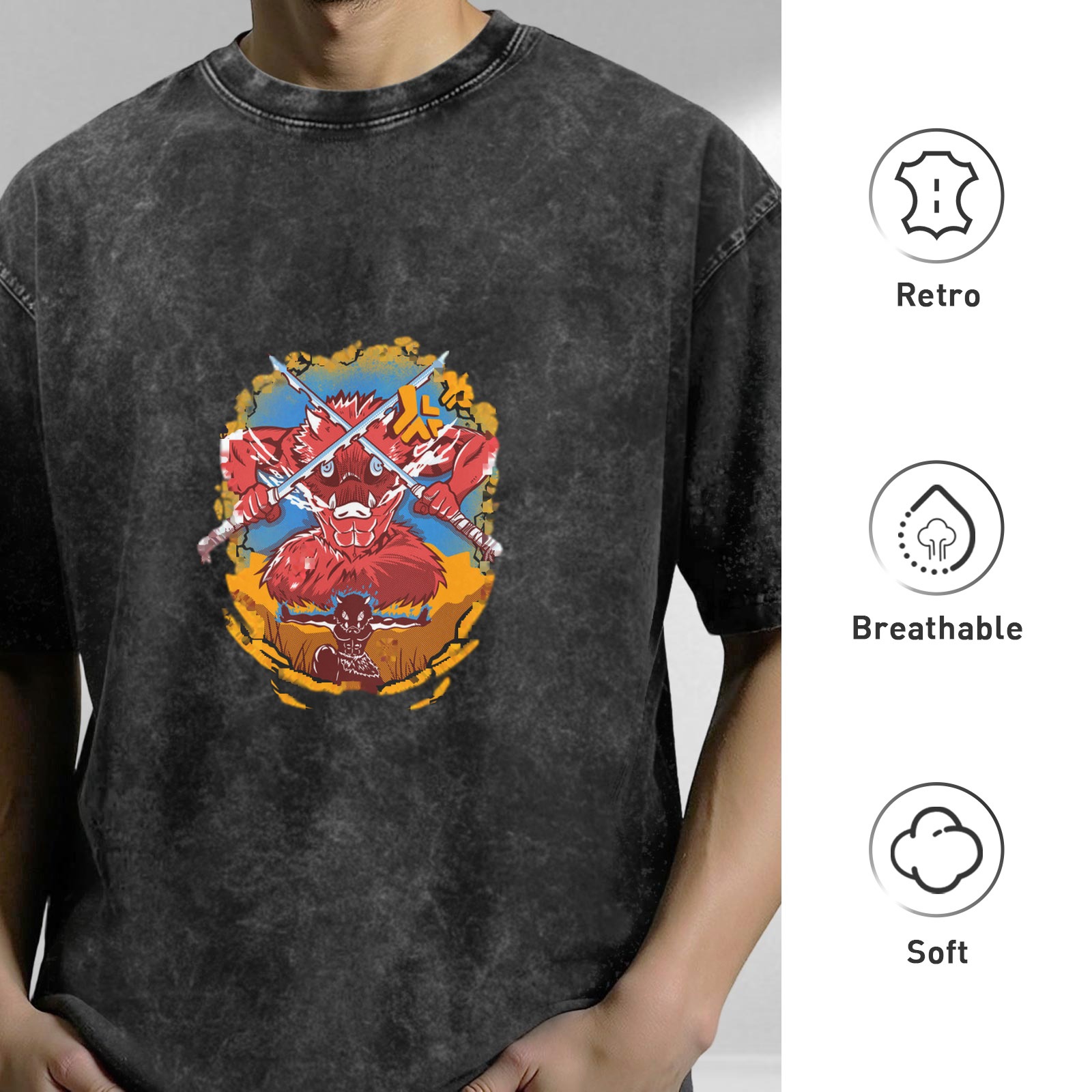 Oversized Acid Wash T-Shirt With Anime Demon Slayer Graphic Print