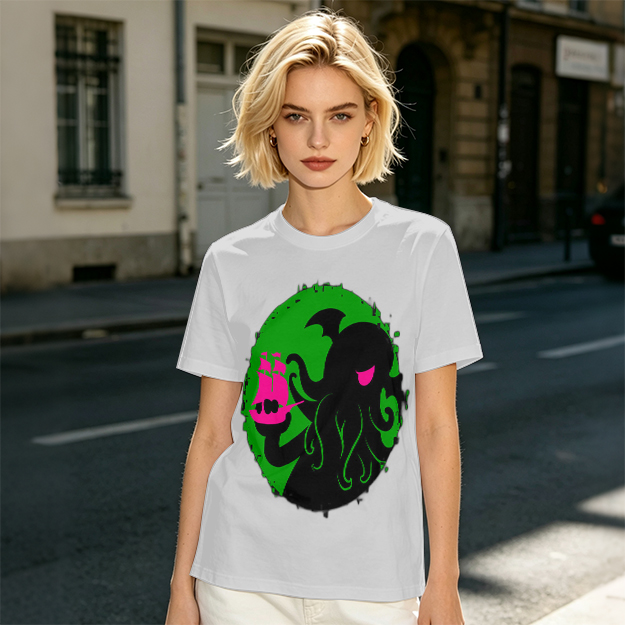 Olive T-Shirt With Cthulhu Holding Pink Ship Graphic Print