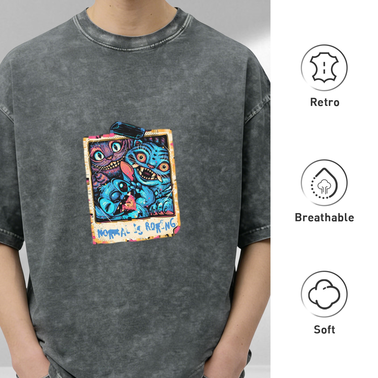 Distressed washed black cartoon print short-sleeved T-shirt Weird character pattern top
