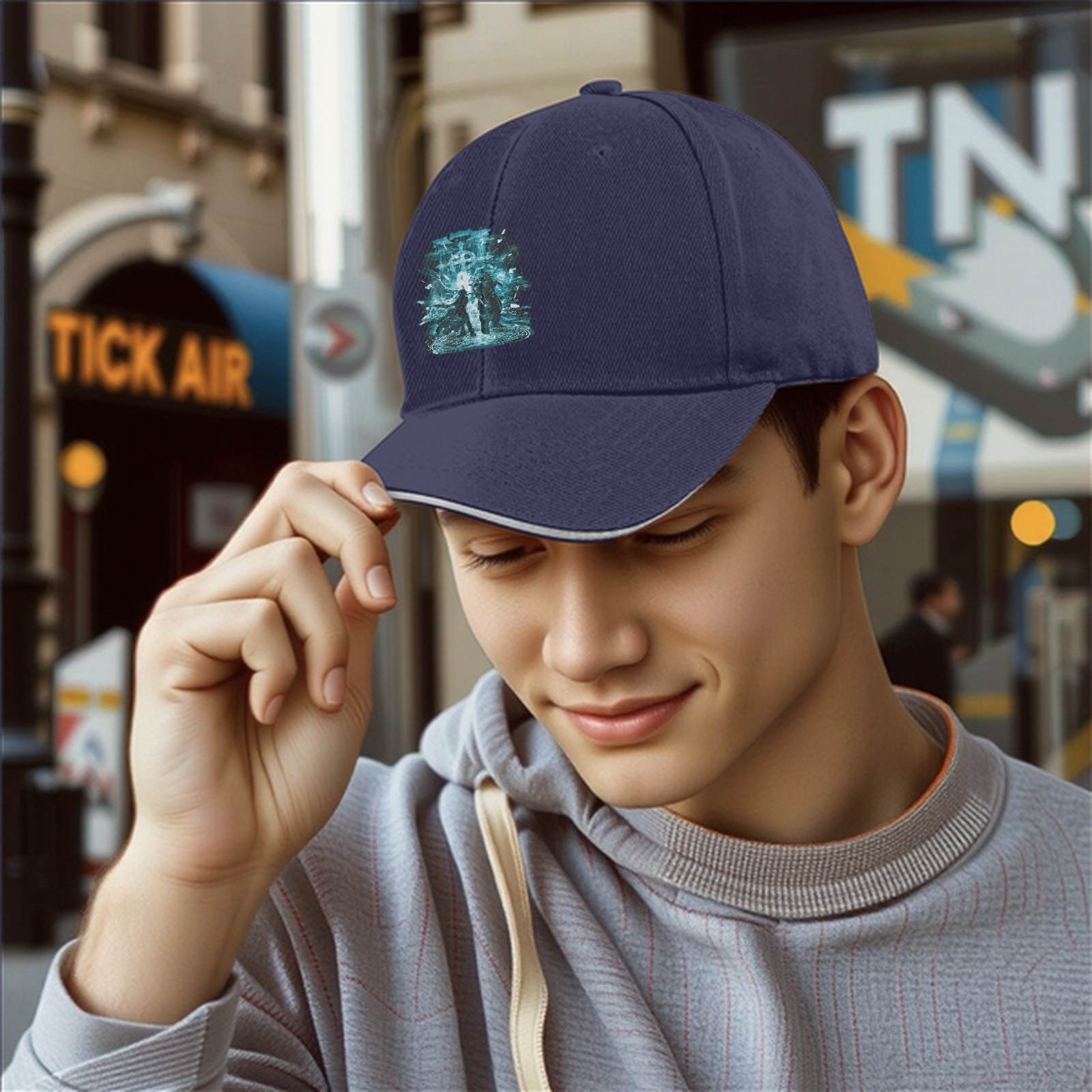 Black Baseball Cap With Fantasy Battle Themed Graphic Print