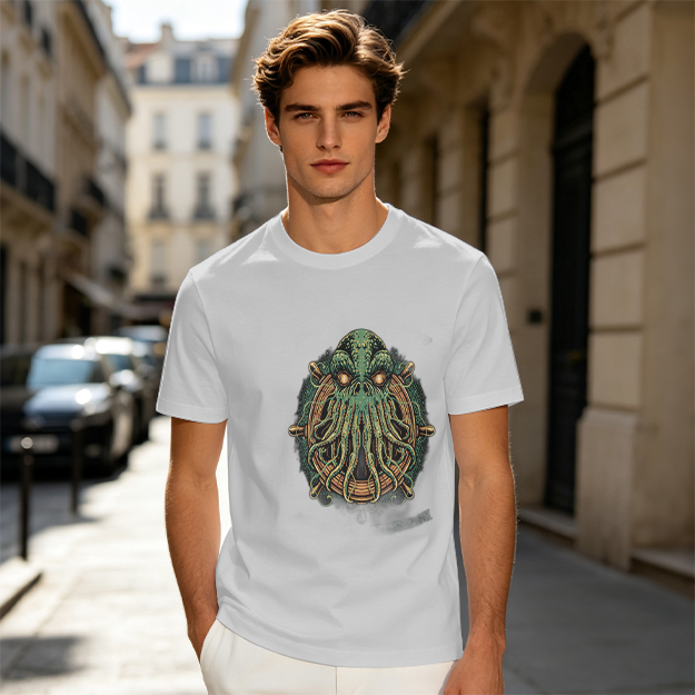 Olive Green T-Shirt With Cthulhu Ship Wheel Graphic
