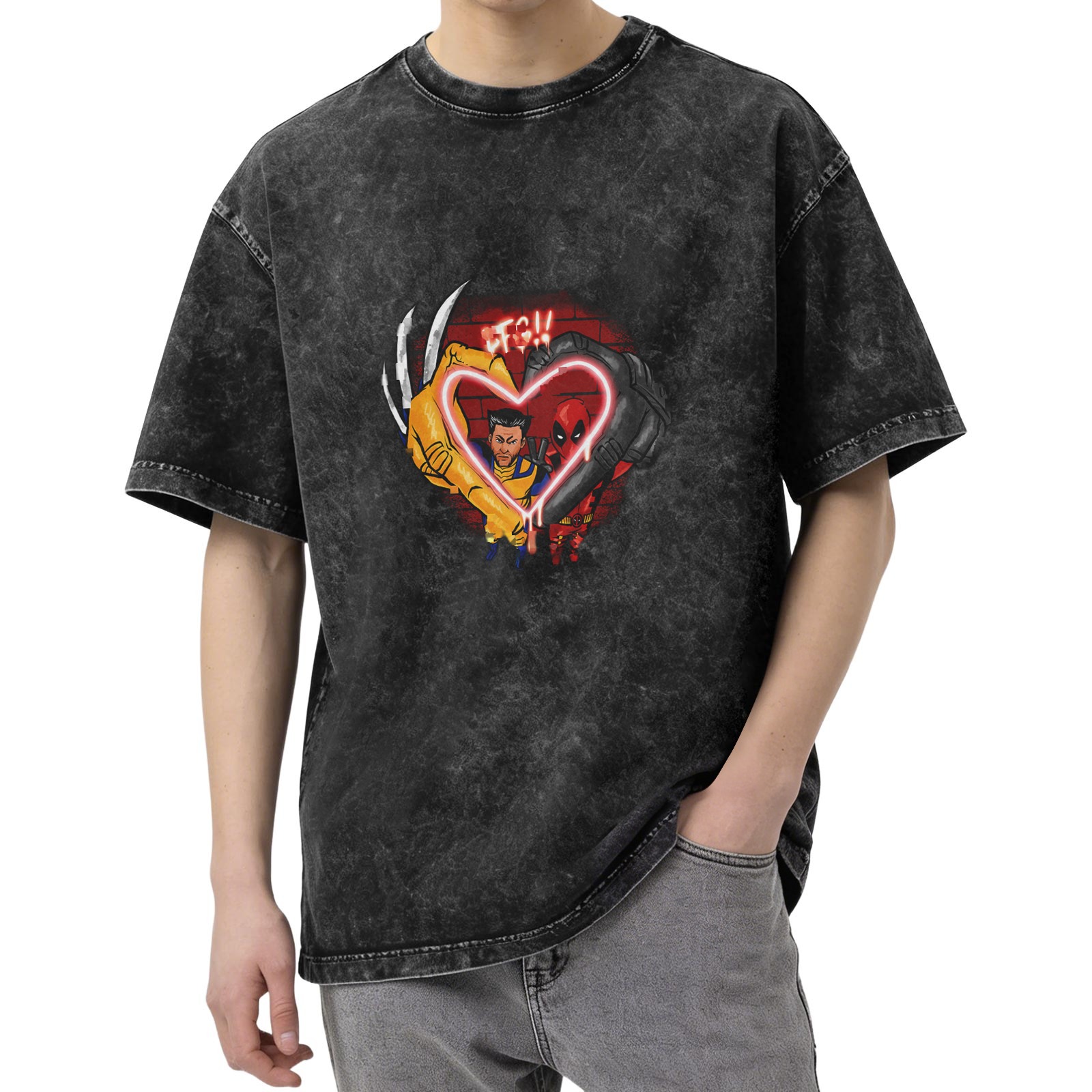 Wolverine and Deadpool Heart Neon Graphic T-Shirt