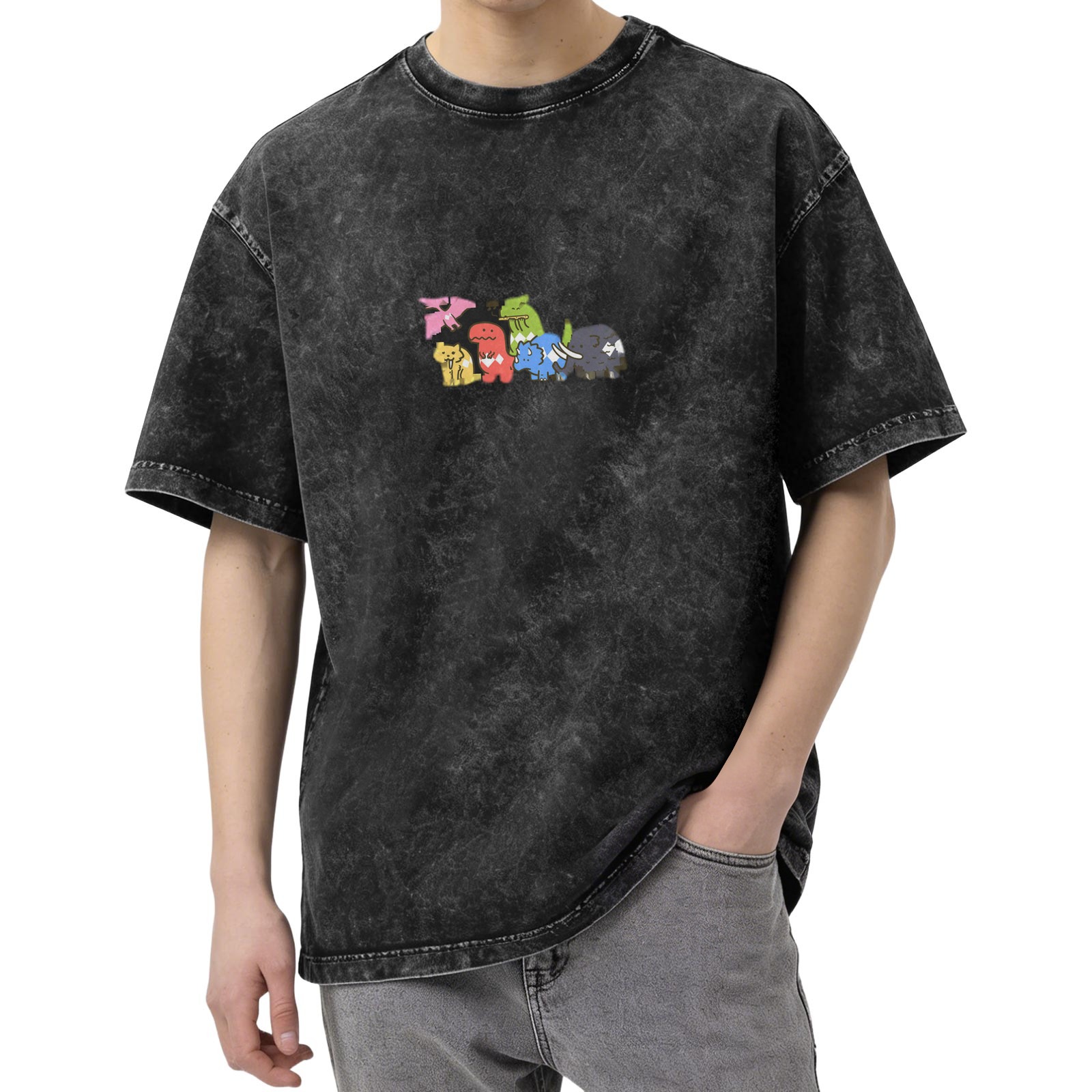 Distressed black cartoon dinosaur print loose short-sleeved T-shirt