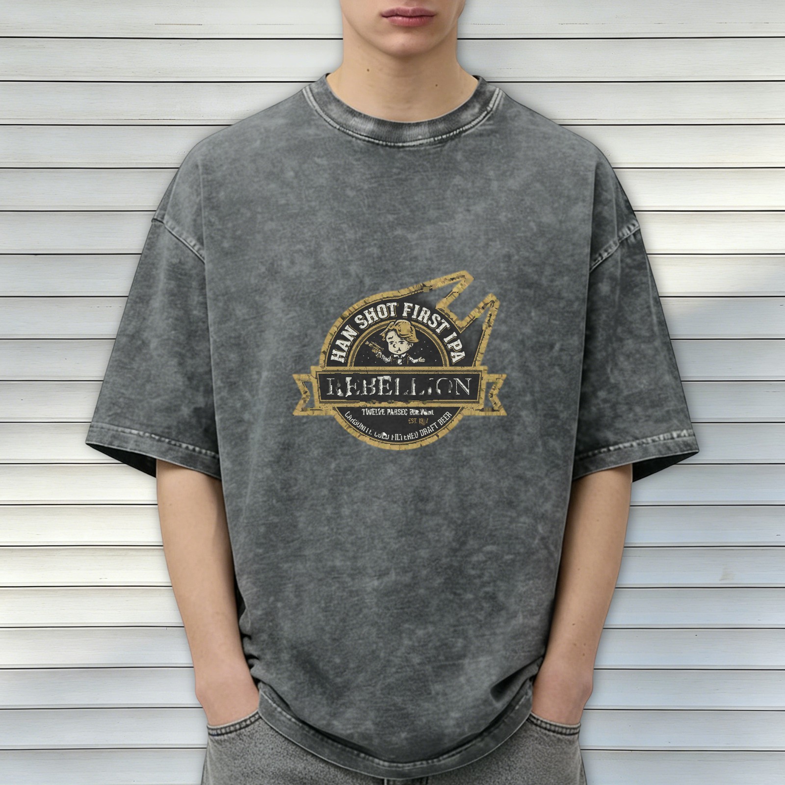 Distressed washed black round neck short-sleeved T-shirt Star Wars themed fun printed casual top