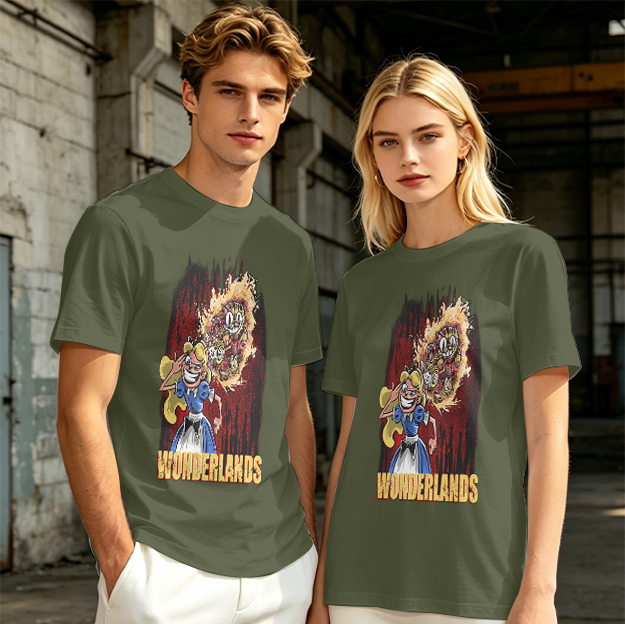 Olive Graphic Tee With Dark Wonderland Themed Cartoon Print