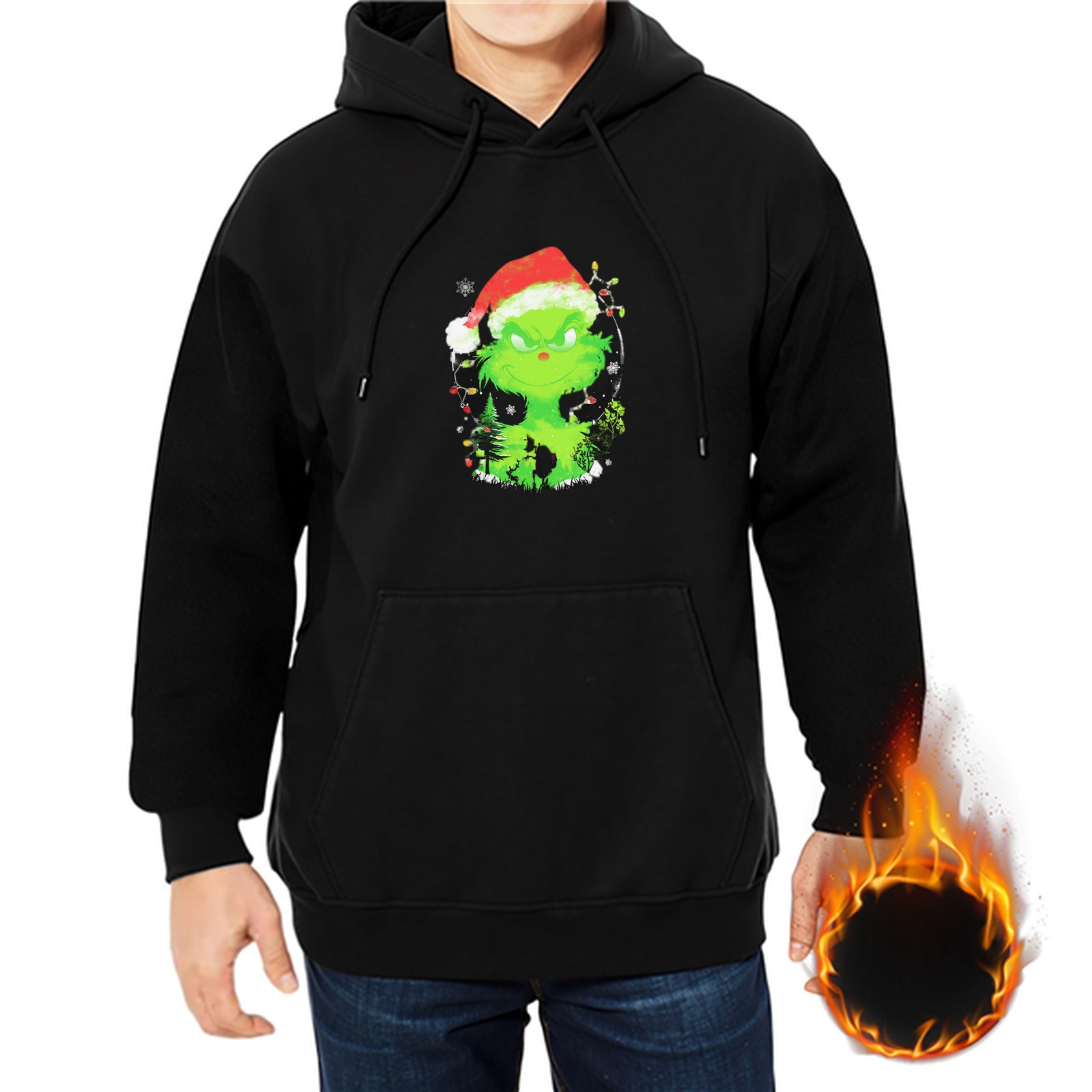 Black hoodie with Grinch wearing Santa hat and Christmas lights print