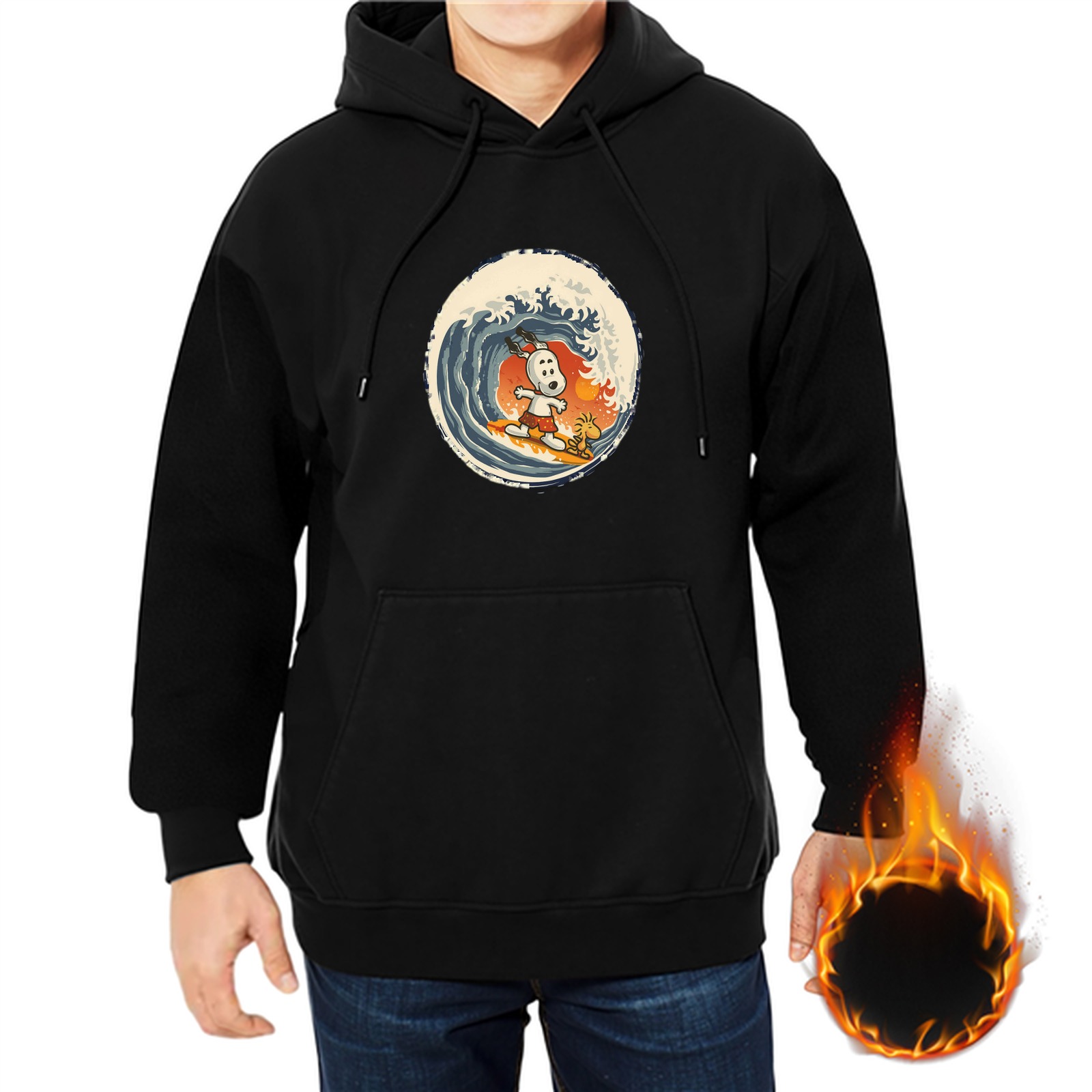 Black hoodie with Snoopy surfing the great wave graphic