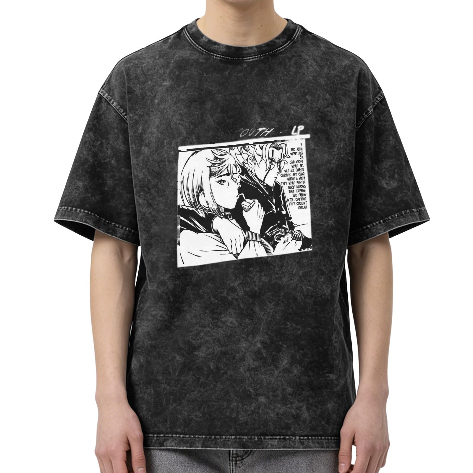 Oversized Acid Wash T-Shirt with Manga Anime Graphic Print