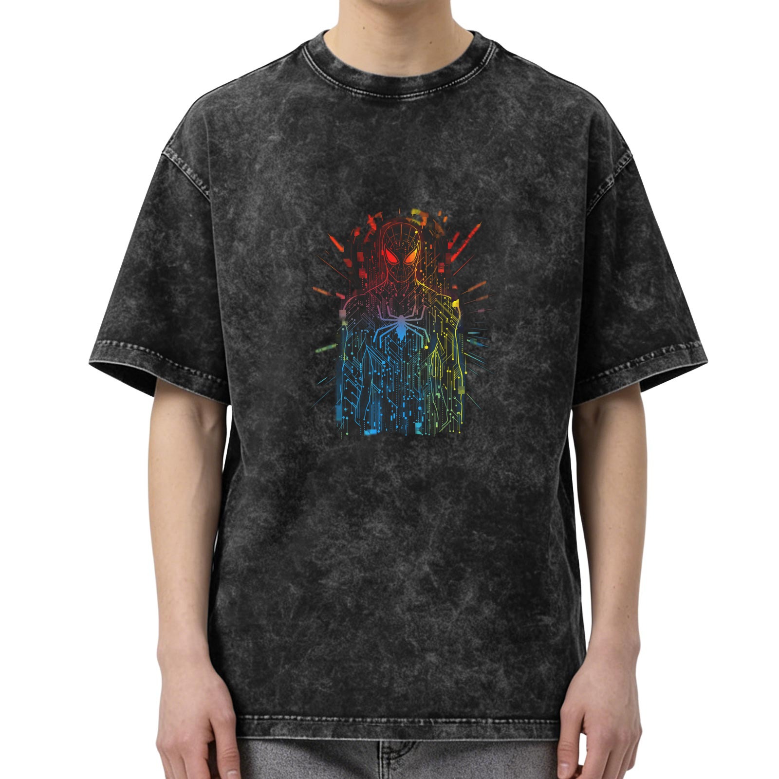 Washed Black Oversized T-Shirt with Neon Spider-Man Circuit Design