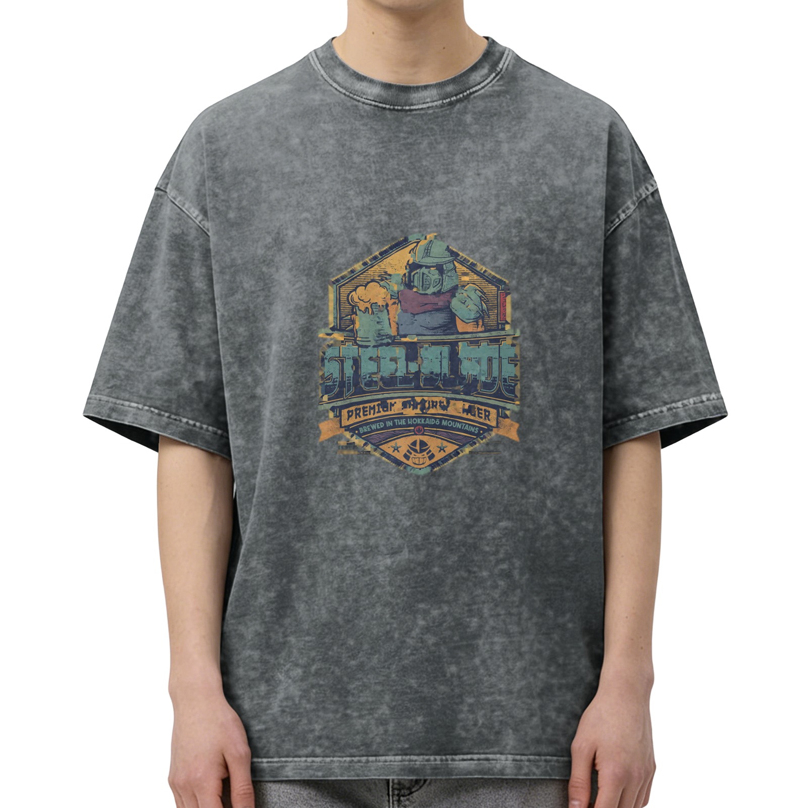 Vintage Stonewashed Black T-Shirt with Fantasy Beer Graphic Print