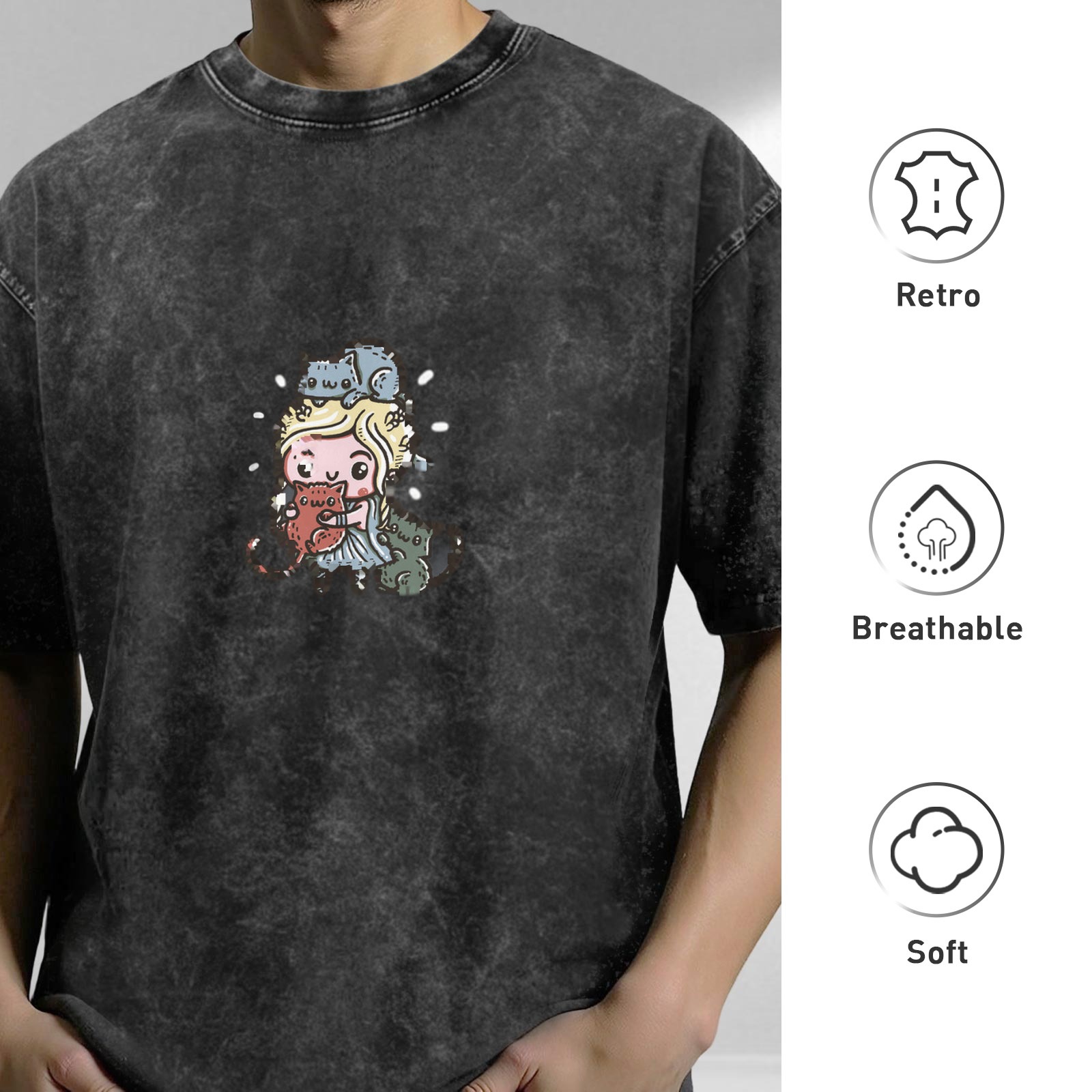 Oversized Dark Wash T-Shirt With Cute Cartoon Girl And Cats Print