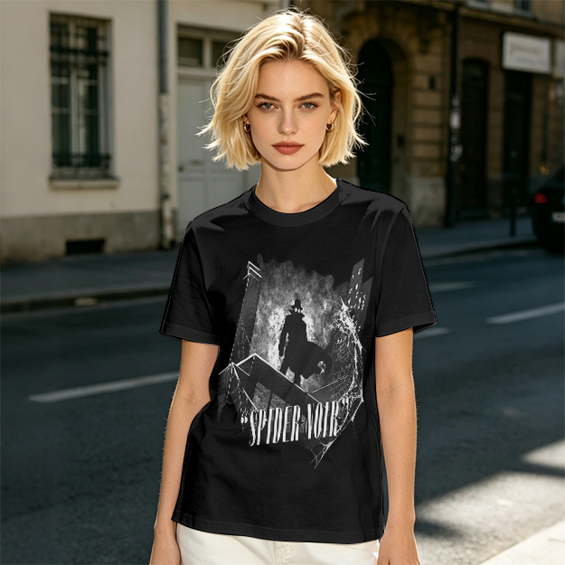 Olive T-Shirt Featuring Spider Noir Silhouette on City Rooftop